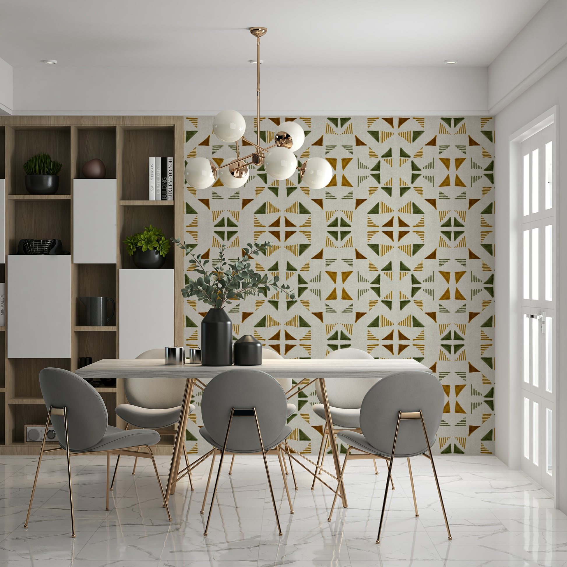 Triangles Composition Foliage Wallpaper — stylish mix of green hues and earthy accents.