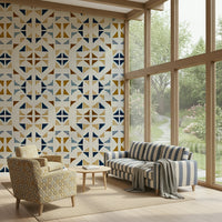 Stylish wall mural with layered triangle patterns in forest green and warm neutrals.