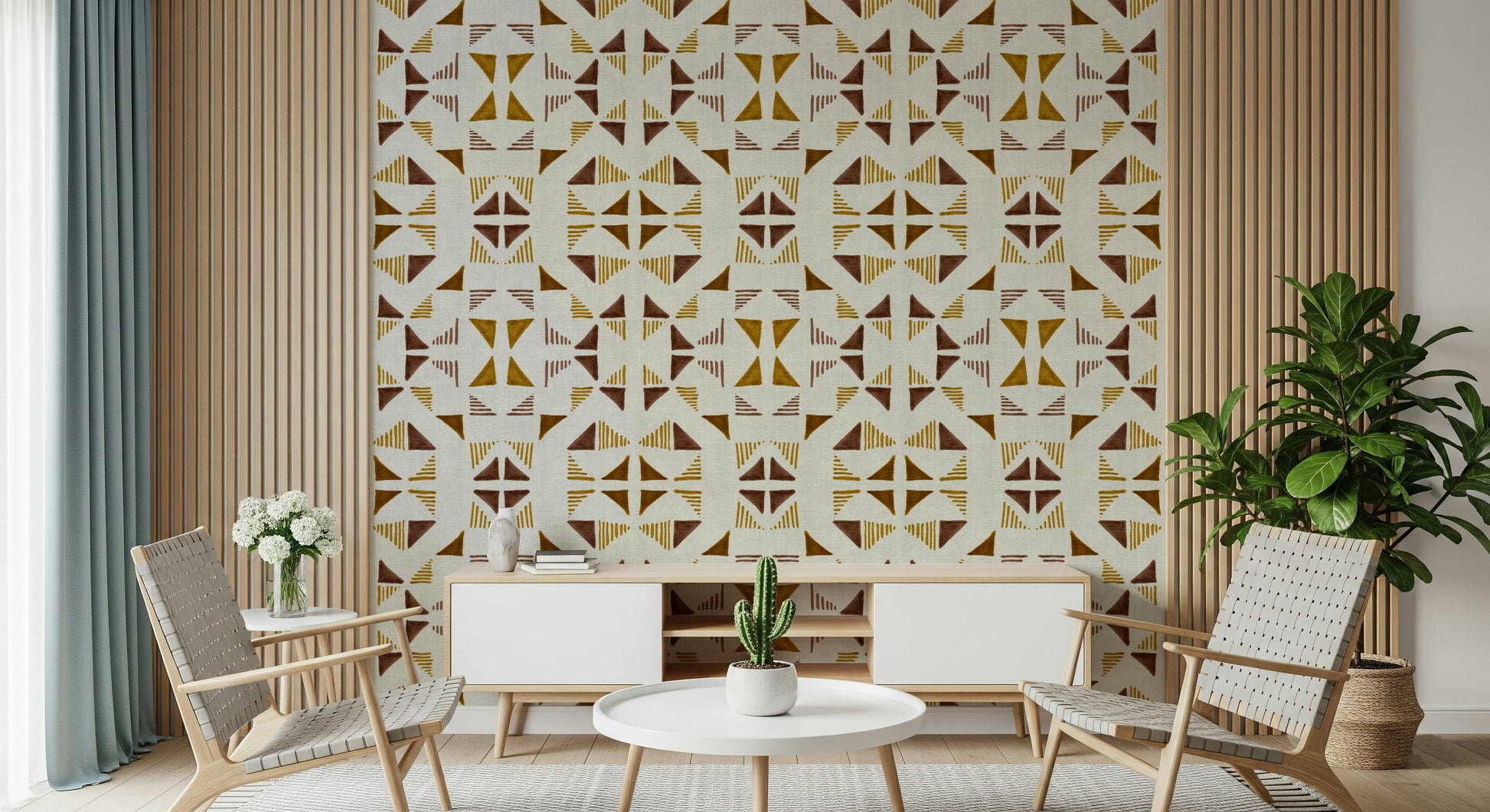 Triangles Composition Warm Wallpaper featuring abstract wooden and earthy triangle shapes.