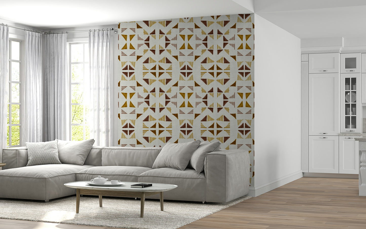 Modern geometric wallpaper with layered warm triangles creating a cozy atmosphere.