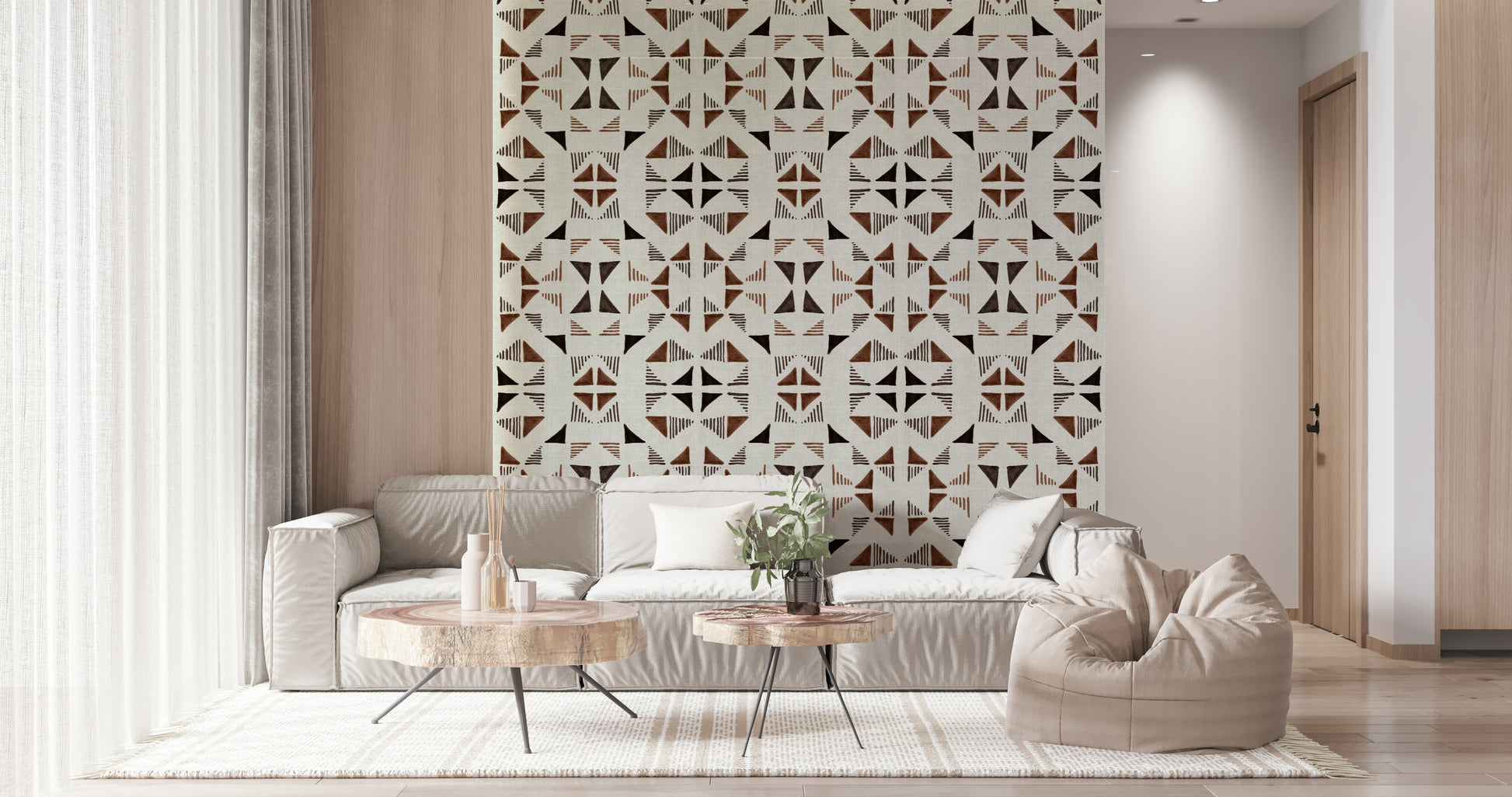 Contemporary wood-pattern wallpaper with interlocking triangle shapes for a modern interior look.
