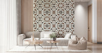 Contemporary wood-pattern wallpaper with interlocking triangle shapes for a modern interior look.