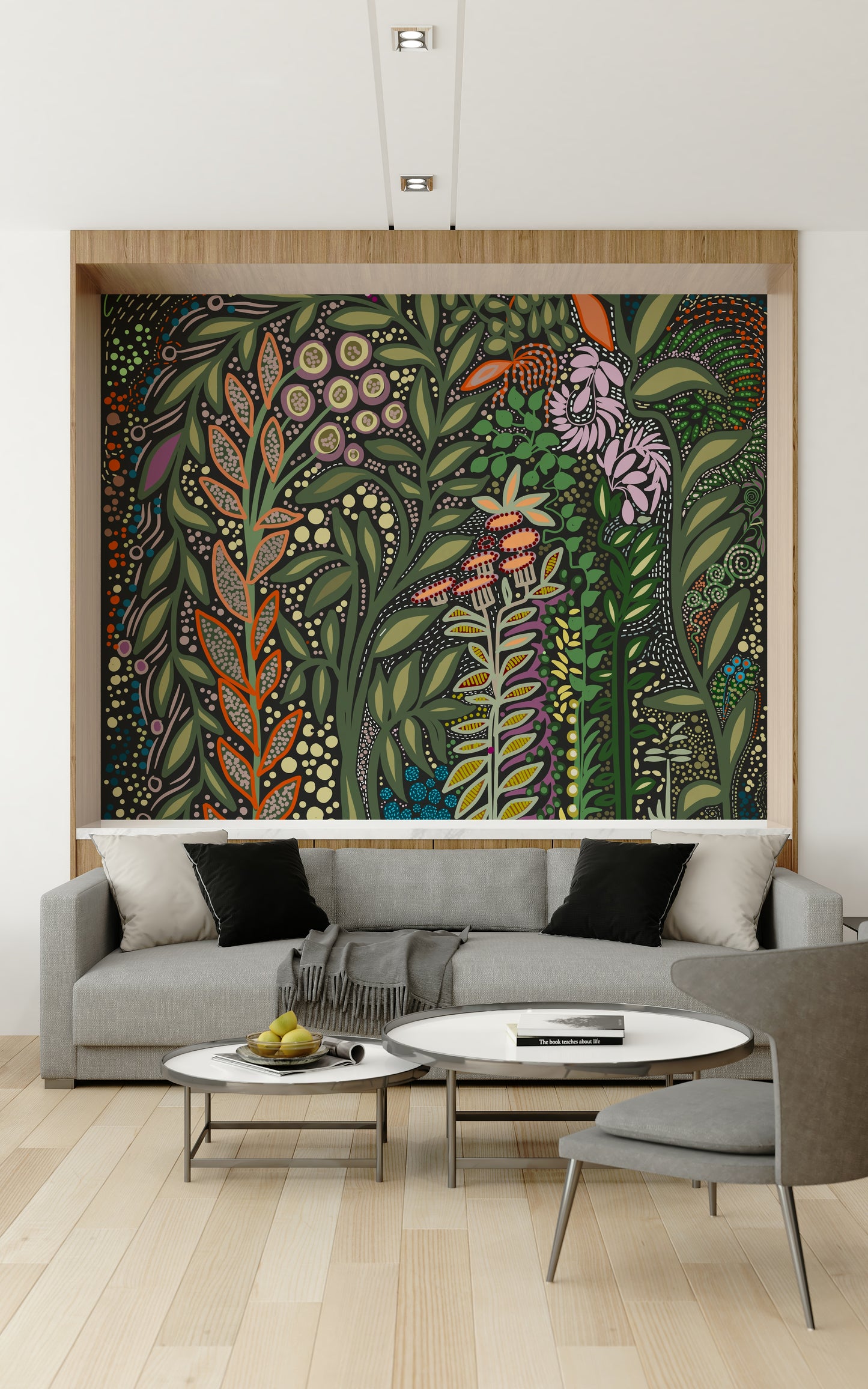 Garden-inspired wall mural featuring colorful Strelitzia blooms and dense green foliage.
