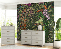 Wall mural with vibrant tropical Strelitzia leaves and flowers for an exotic interior feel.