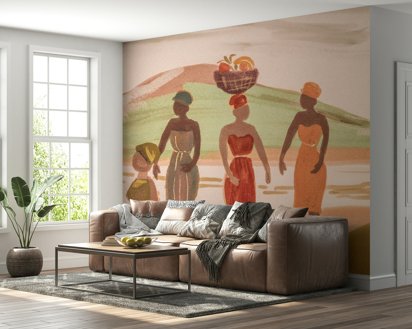 Wall mural featuring joyful African women in colorful attire symbolizing community and harvest celebration.