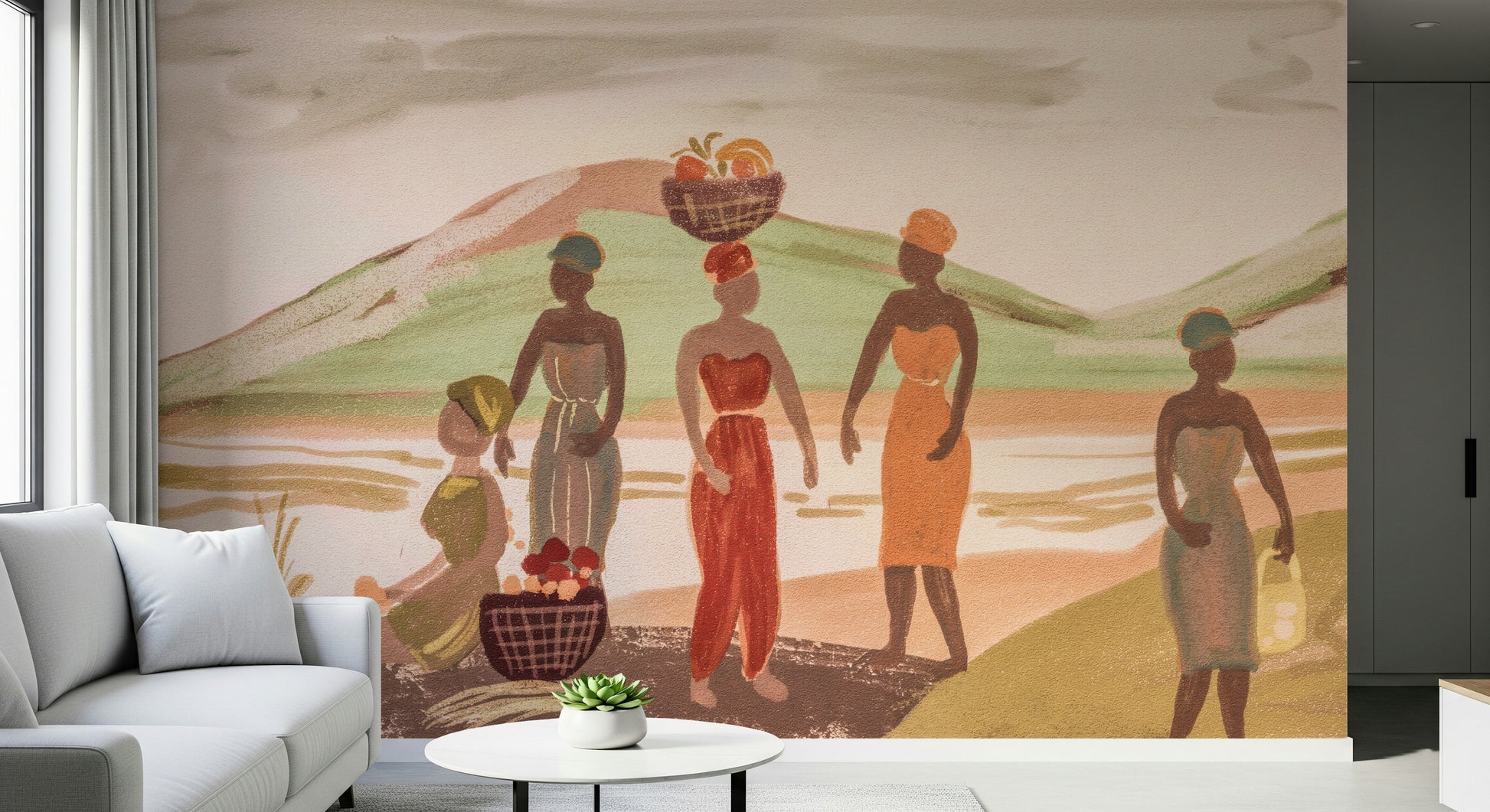 Wall mural featuring graceful African women in colorful traditional attire carrying baskets of harvest.