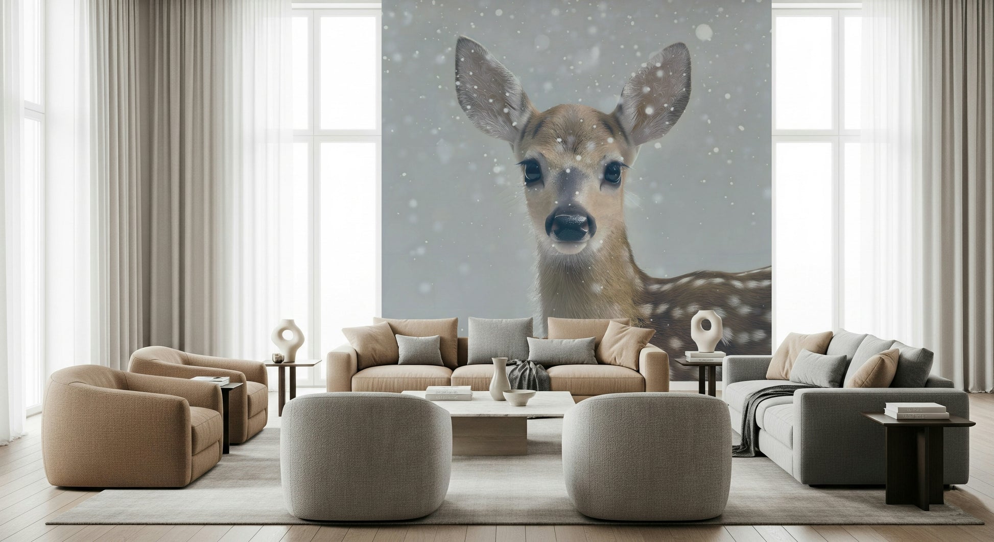 Quiet Winter Fawn Wallpaper — serene animal and winter forest design for bedrooms or nurseries.