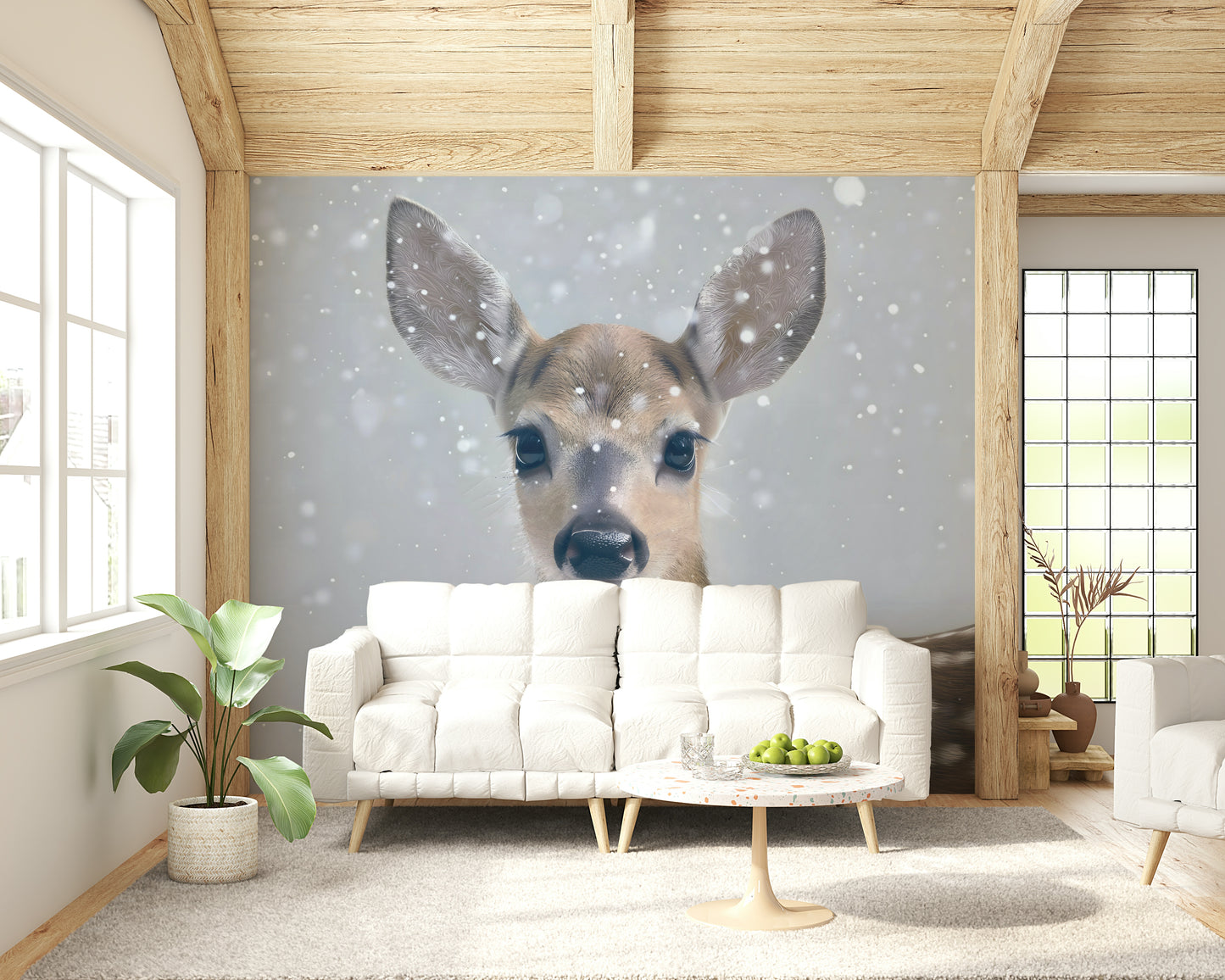 Quiet Winter Fawn Wall Mural — tranquil woodland scene with a resting fawn.