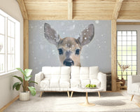 Quiet Winter Fawn Wall Mural — tranquil woodland scene with a resting fawn.