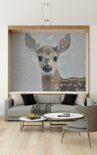 Wall mural with a gentle fawn and frosty winter scenery for a peaceful atmosphere.