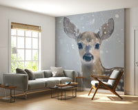 Quiet Winter Fawn Wall Mural featuring a gentle fawn in a snowy winter landscape.