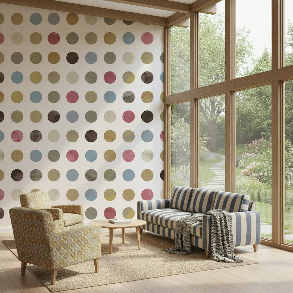 Wall mural with pastel-colored dots creating a soft, festive winter ambiance.