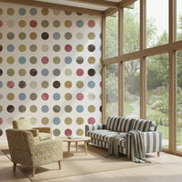 Wall mural with pastel-colored dots creating a soft, festive winter ambiance.