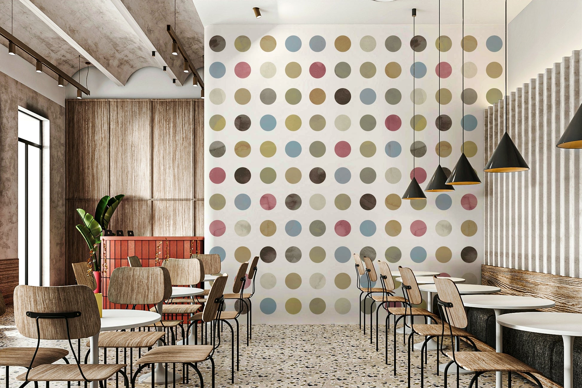 Decorative mural featuring delicate pastel dots in calming winter shades.