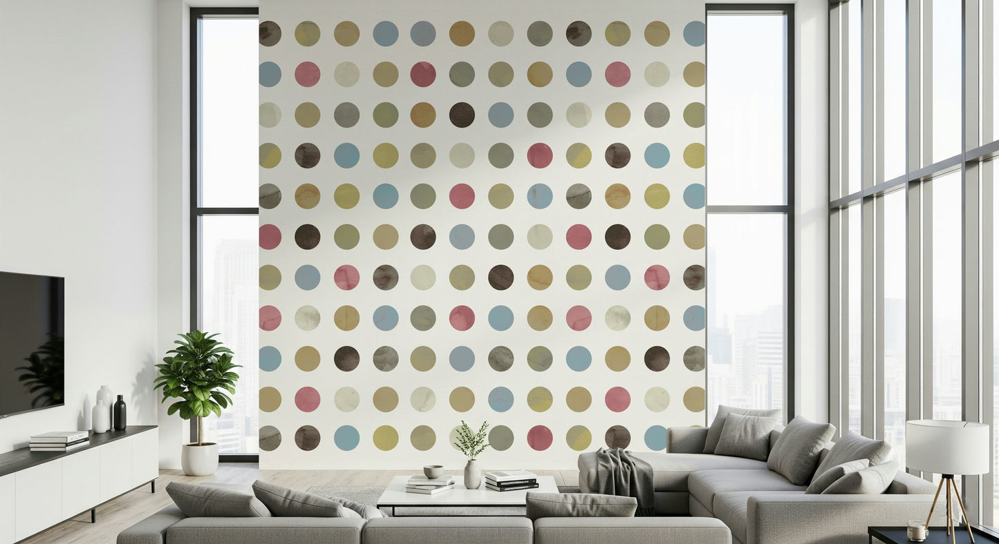 Wall mural depicting scattered pastel dots for a playful, winter-inspired interior.