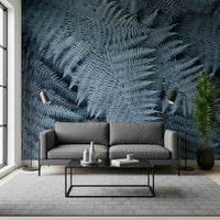 Wall mural depicting frosted fern leaves in soft green and white tones.