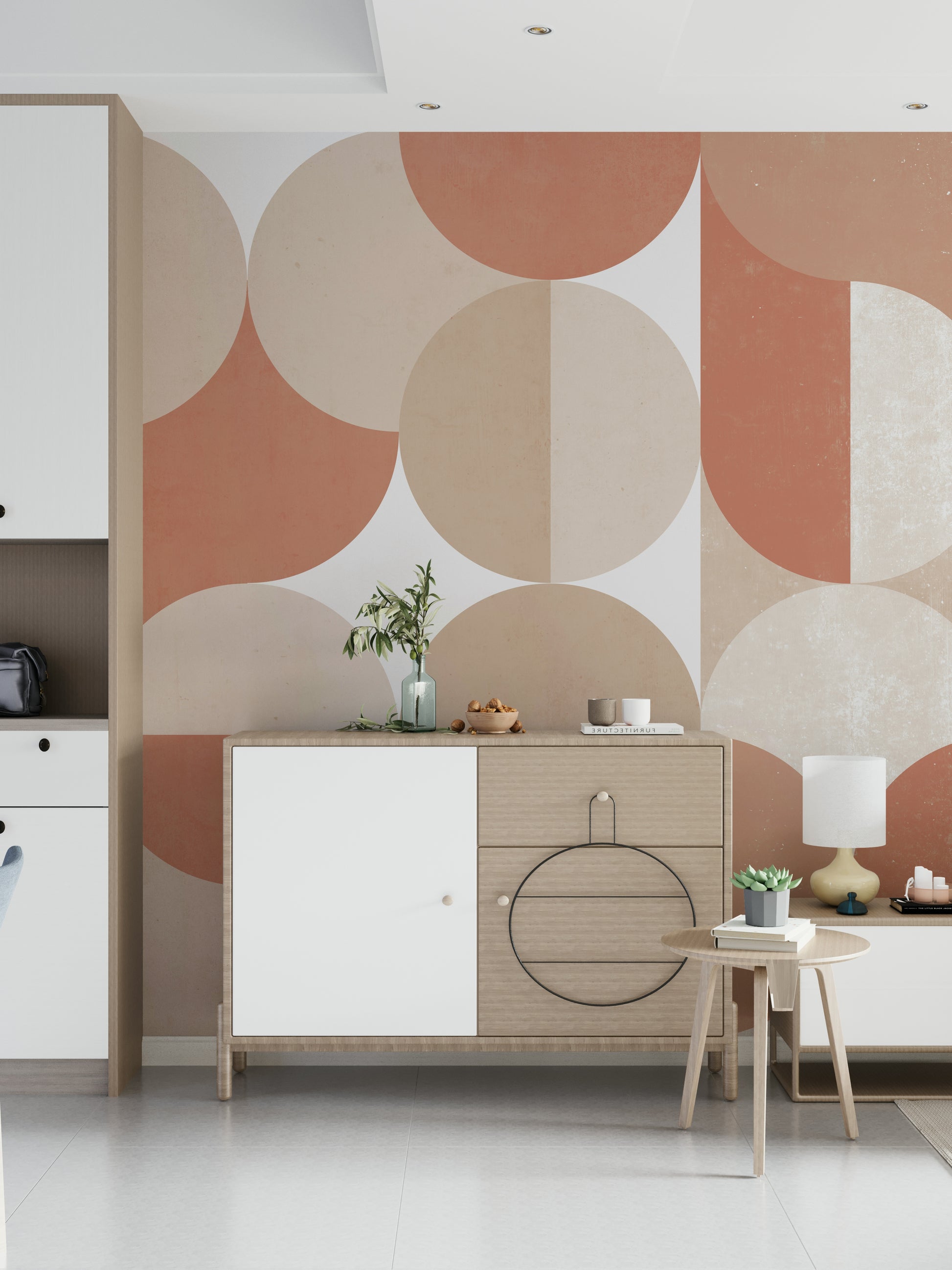 Decorative mural featuring muted orange, beige, and brown circular patterns.