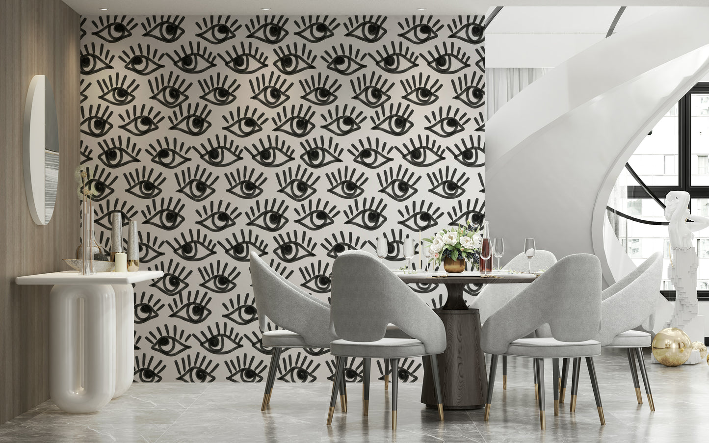 Modern wallpaper with striking black-and-white eye patterns for contemporary spaces.
