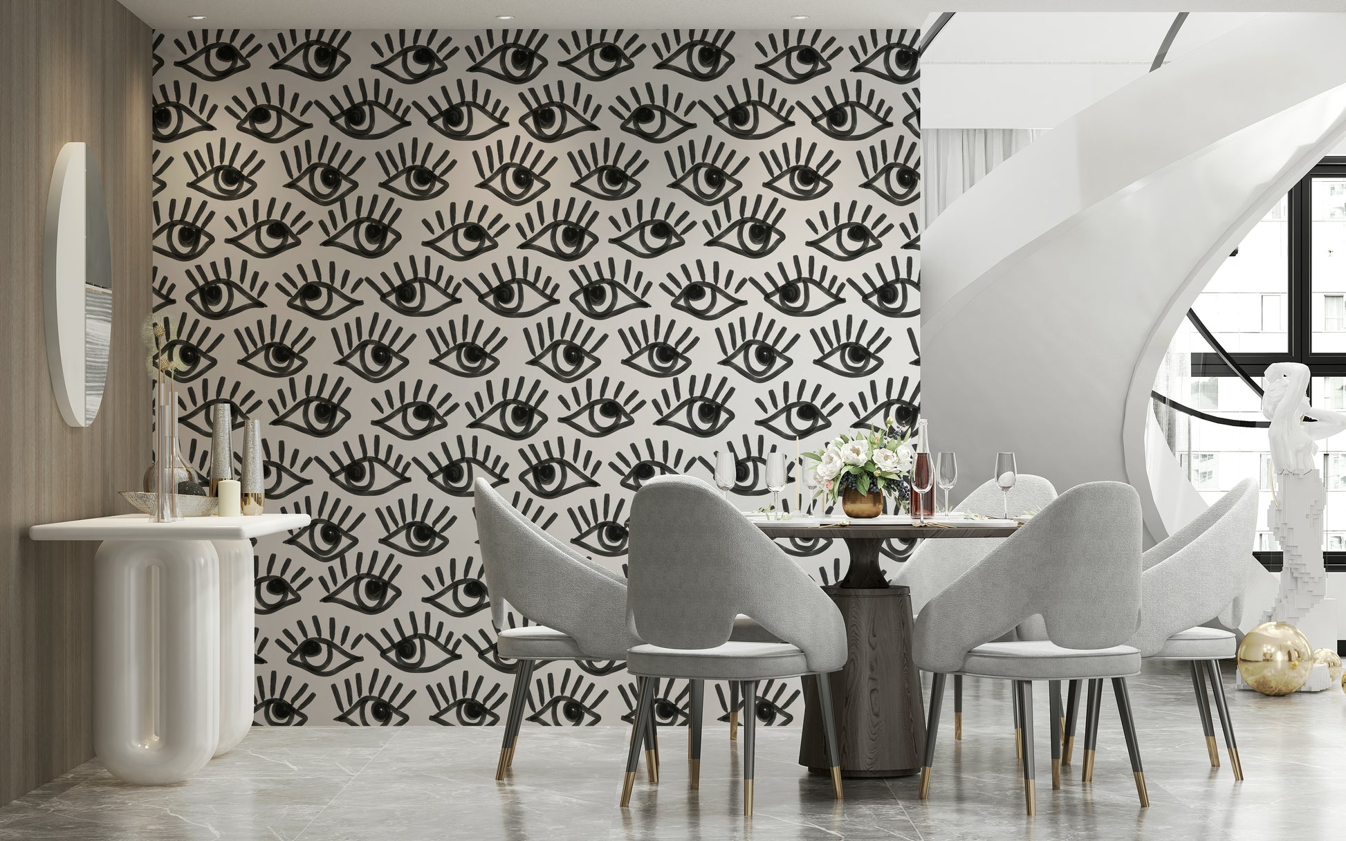 Modern wallpaper with striking black-and-white eye patterns for contemporary spaces.