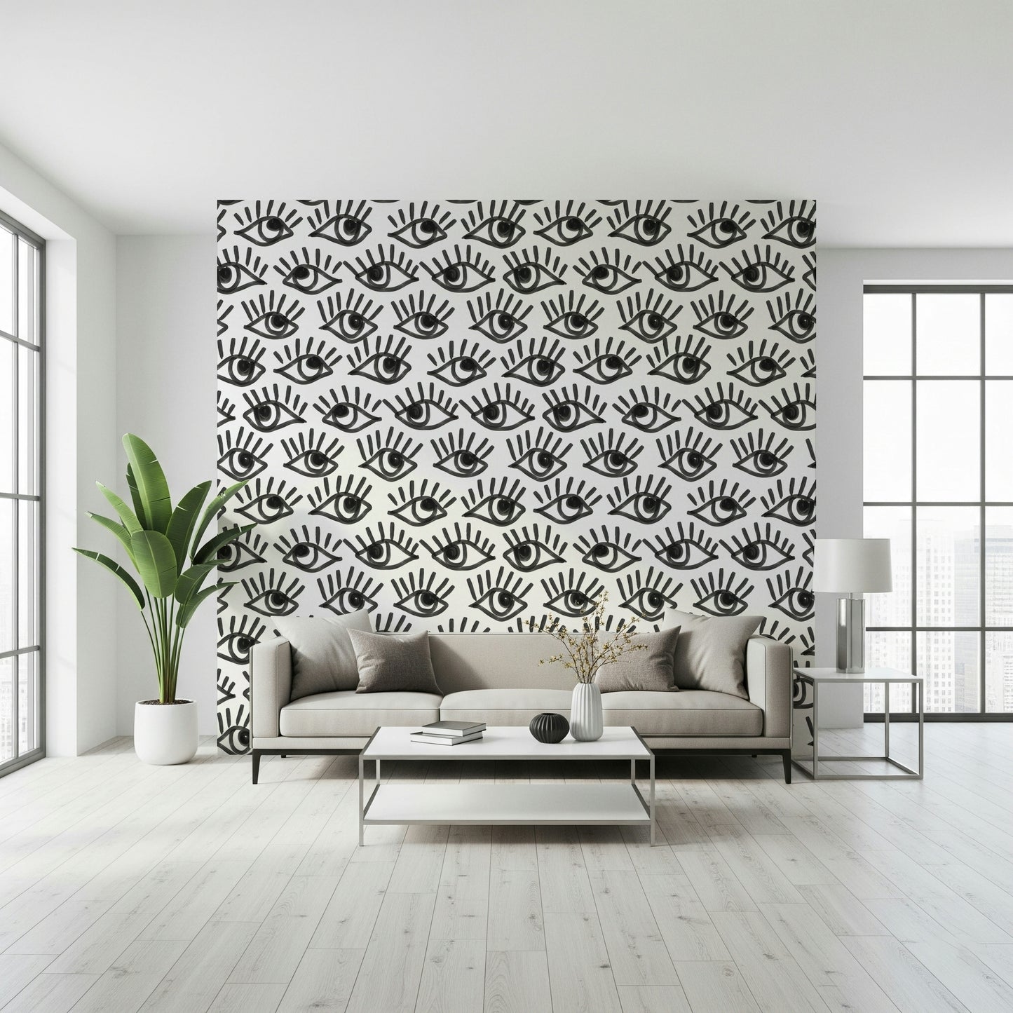 Wall mural depicting abstract staring eyes in shades of gray and black.