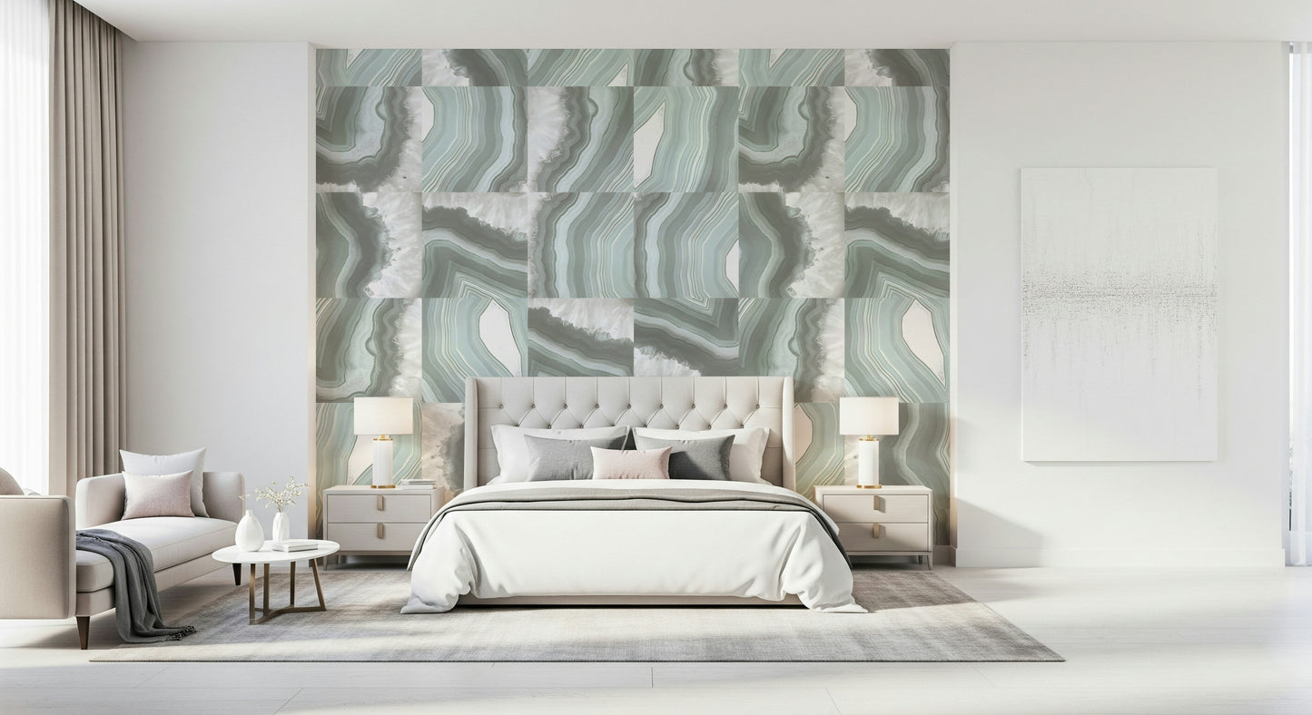 Wall mural depicting flowing mint marble textures with smooth, serene agate patterns.