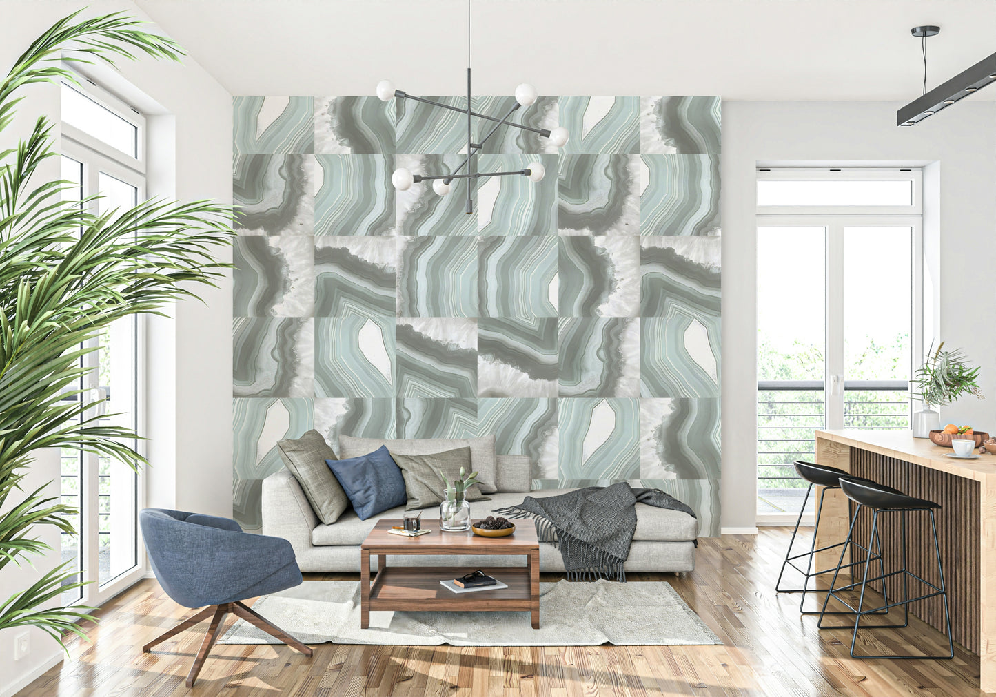 Decorative wall mural showcasing mint and pastel tones with flowing marble and agate designs.