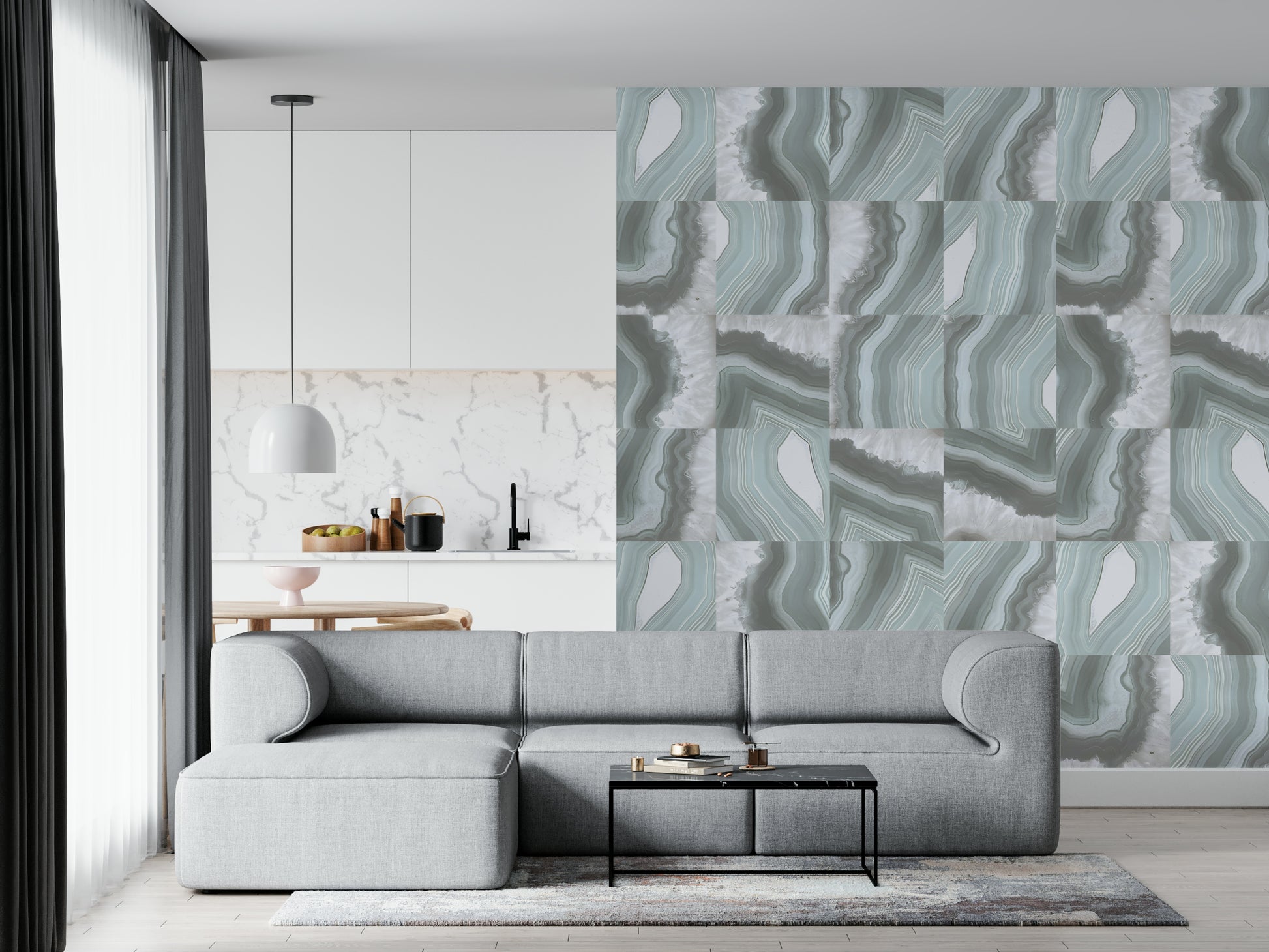 Mint Marble Agate Serenity Wall Mural featuring swirling mint and white marble patterns with serene agate textures.