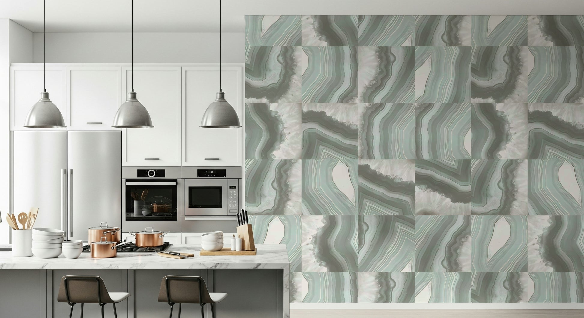 Marble-inspired wallpaper with soft mint hues and elegant agate-inspired swirls.