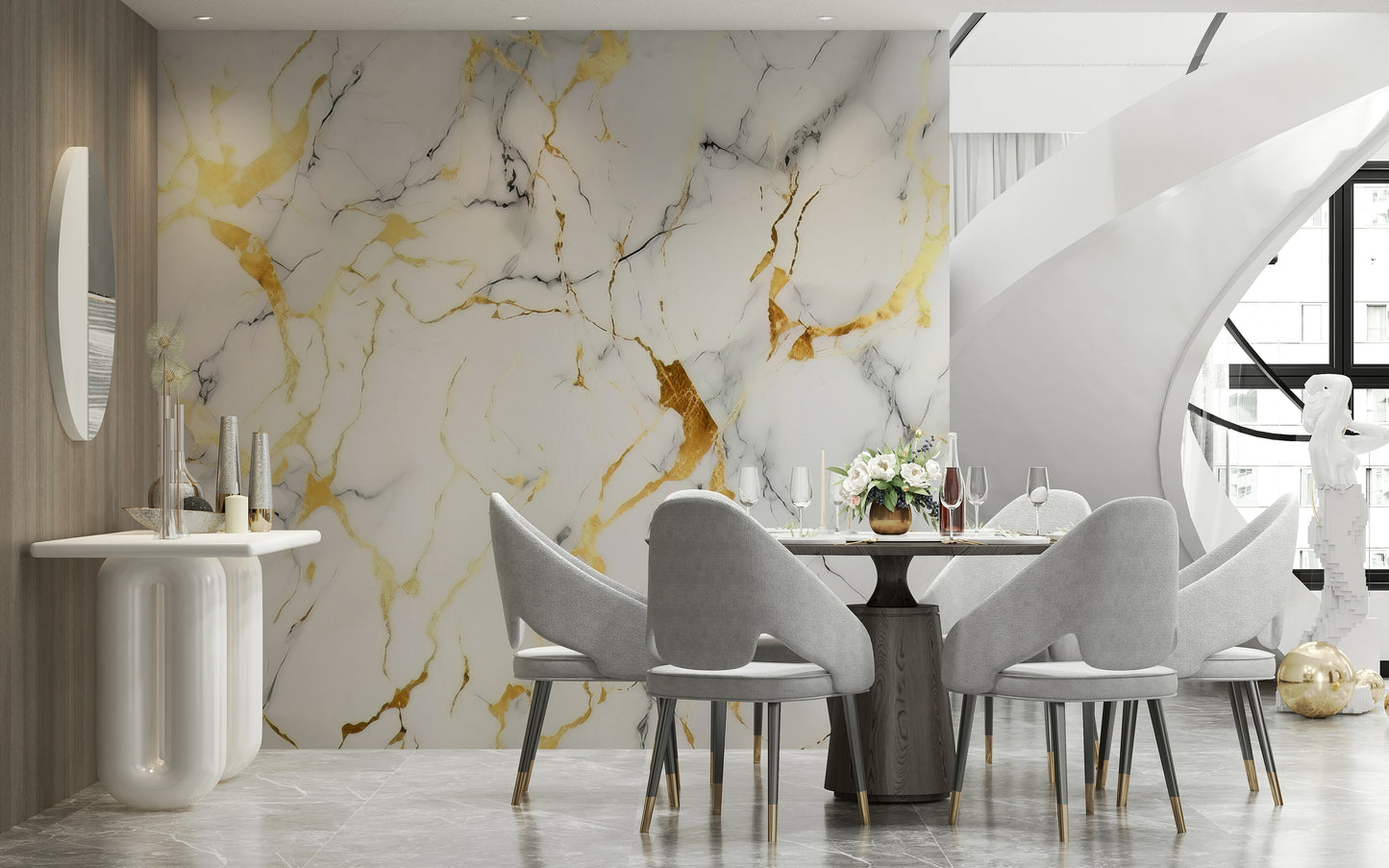 Wall mural depicting artistic marble swirls with shimmering gold details for statement walls.
