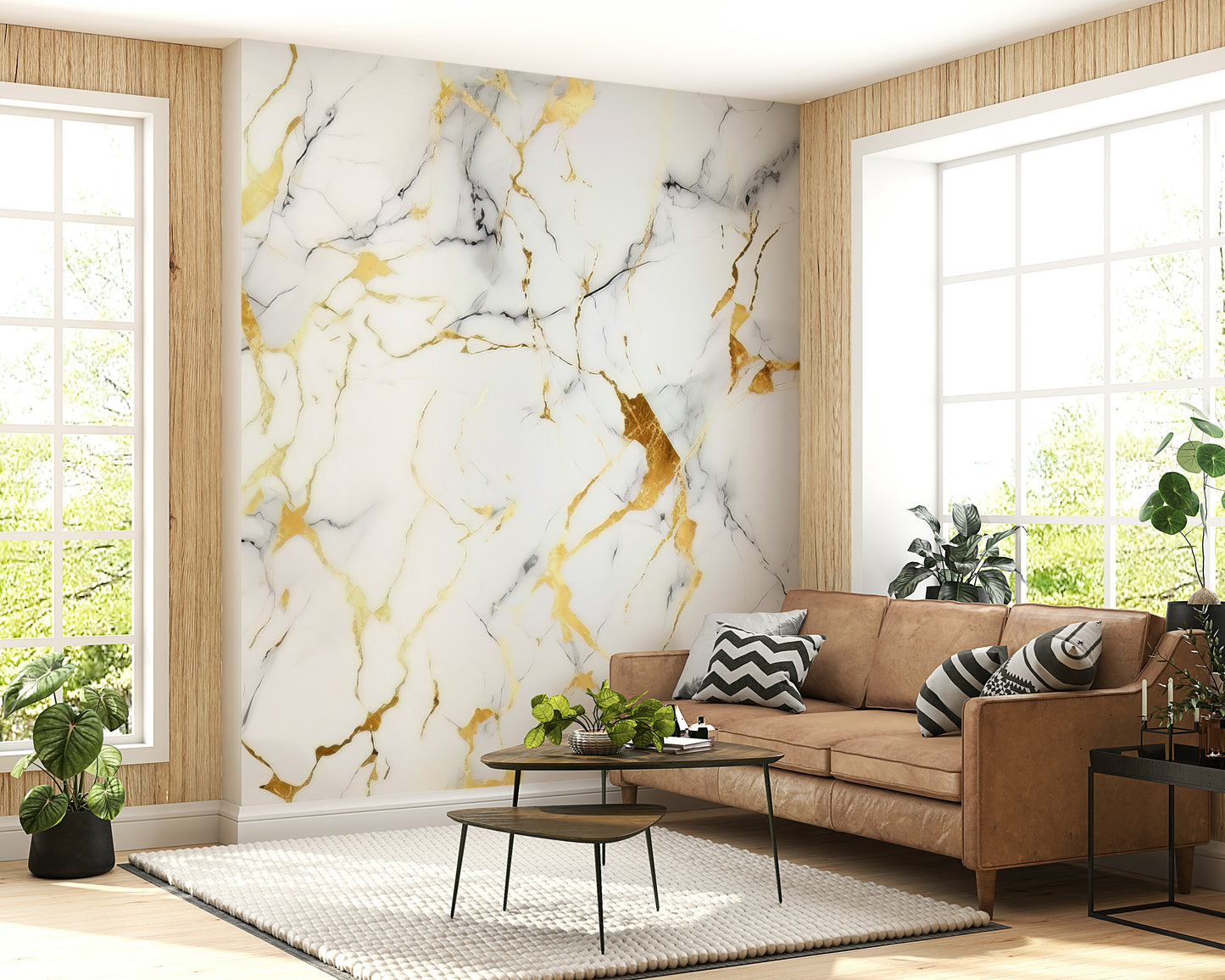 Decorative wall mural showcasing elegant marble patterns with shimmering gilded veins.