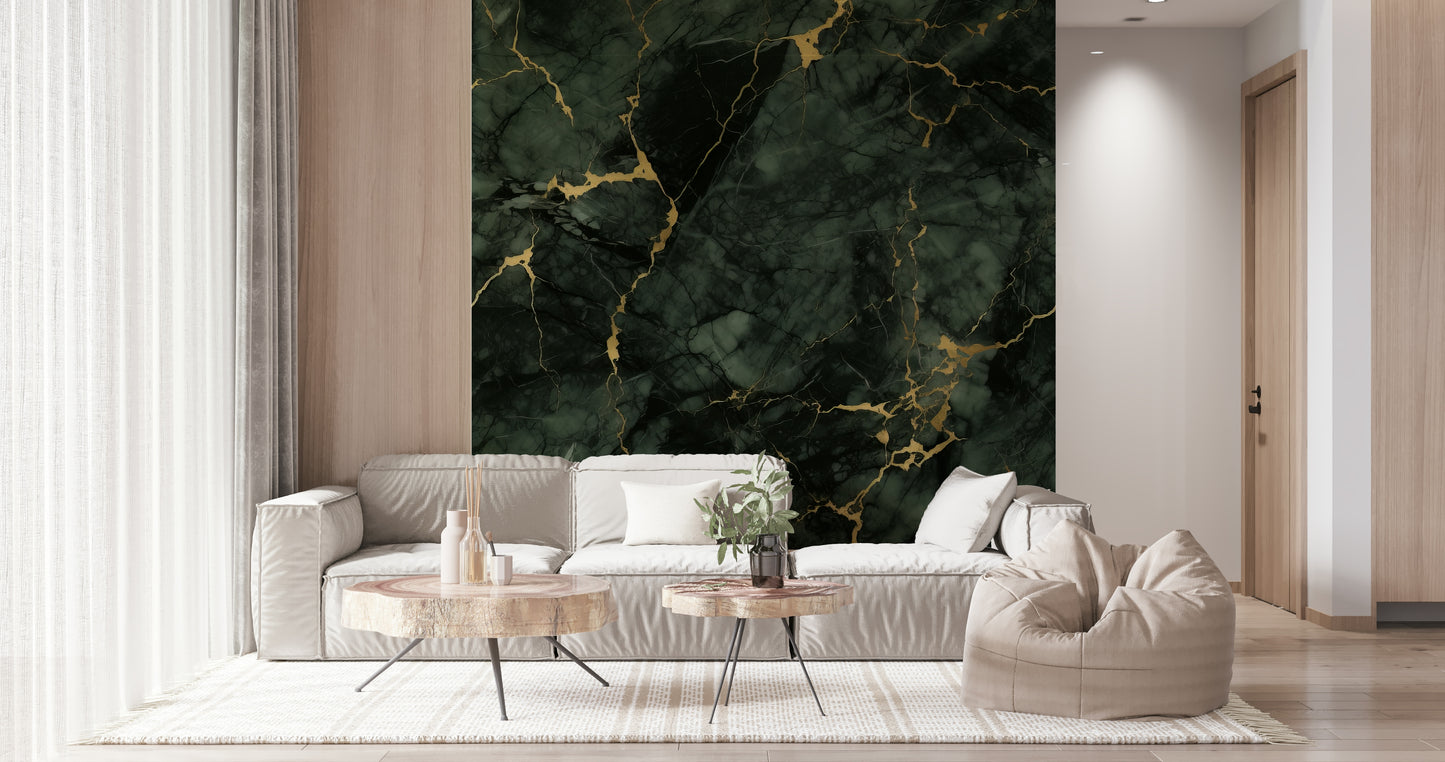 Wall mural with gilded stone textures combining natural ruggedness with a touch of luxury.