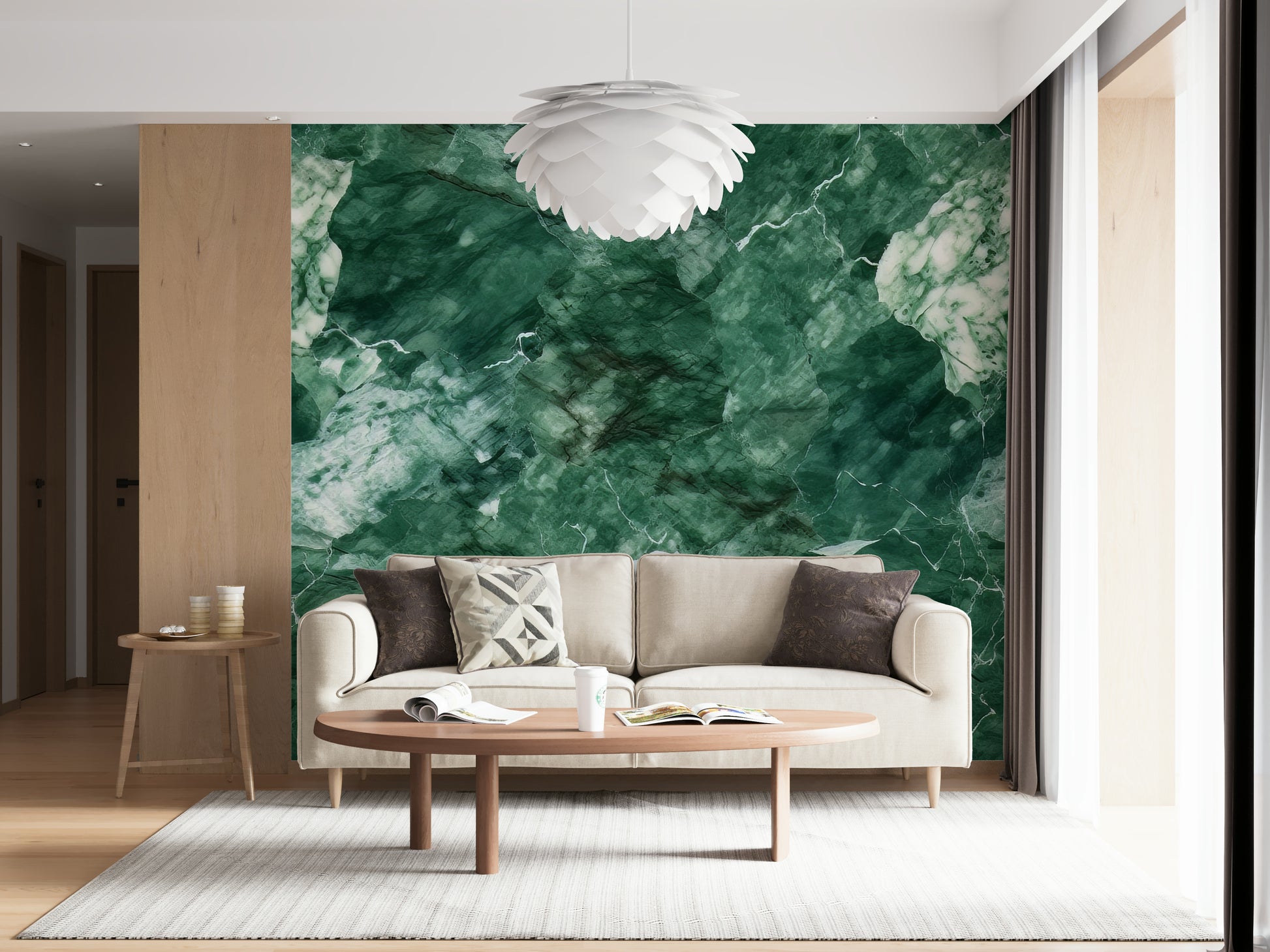 Wall mural with emerald green stone patterns for a sophisticated, modern look.