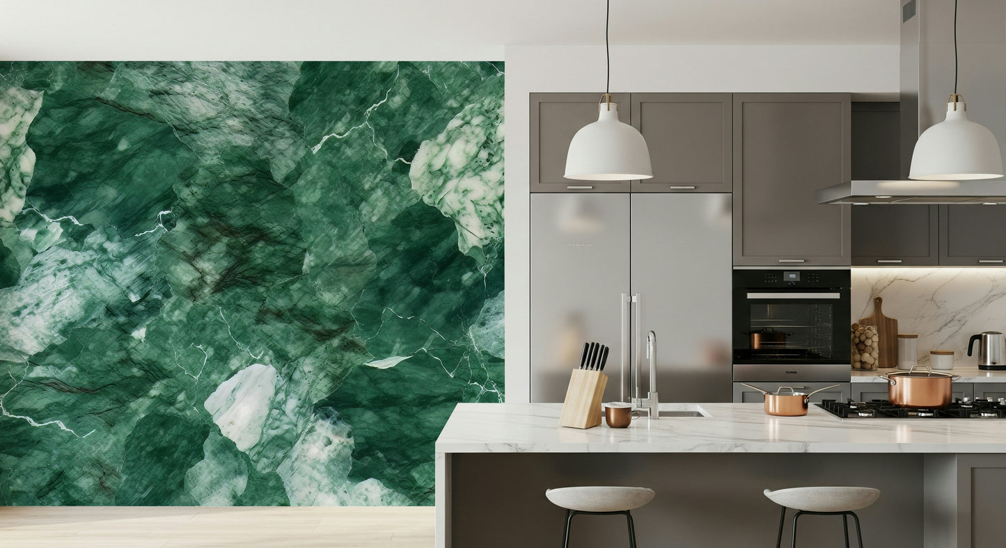 Decorative wall mural showcasing luxurious emerald tones and intricate stone details.