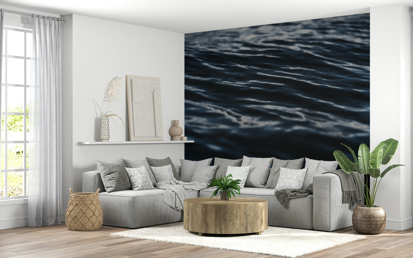 Wall mural with abstract ripple textures evoking serene ocean movements.