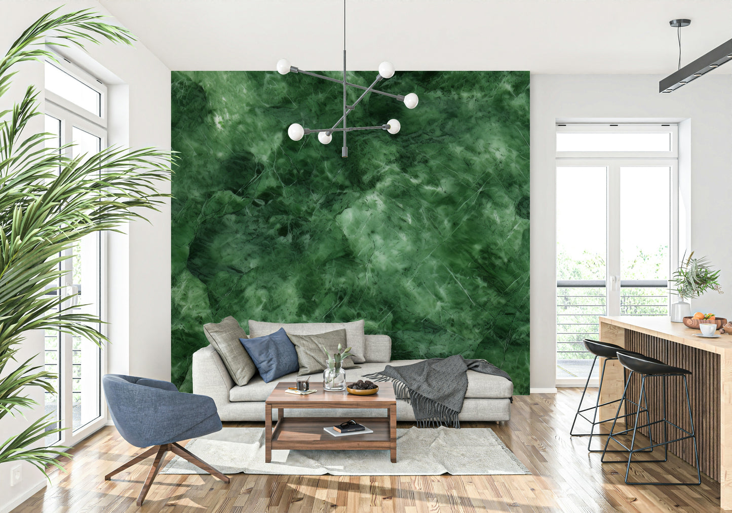 Wall mural depicting deep green stone with intricate natural veining patterns.