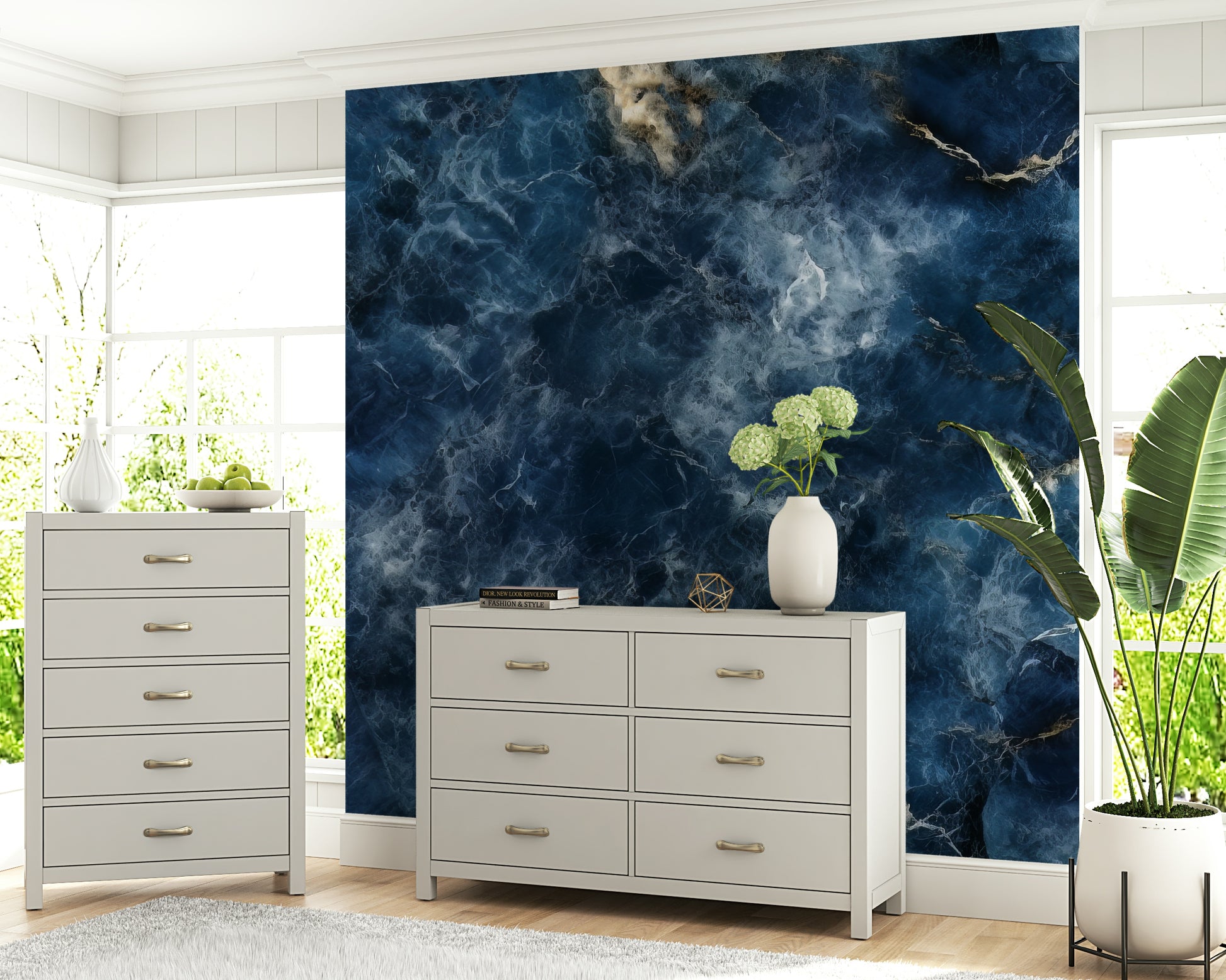 Azure Depths Wall Mural featuring deep blue tones inspired by ocean waves and water movement.