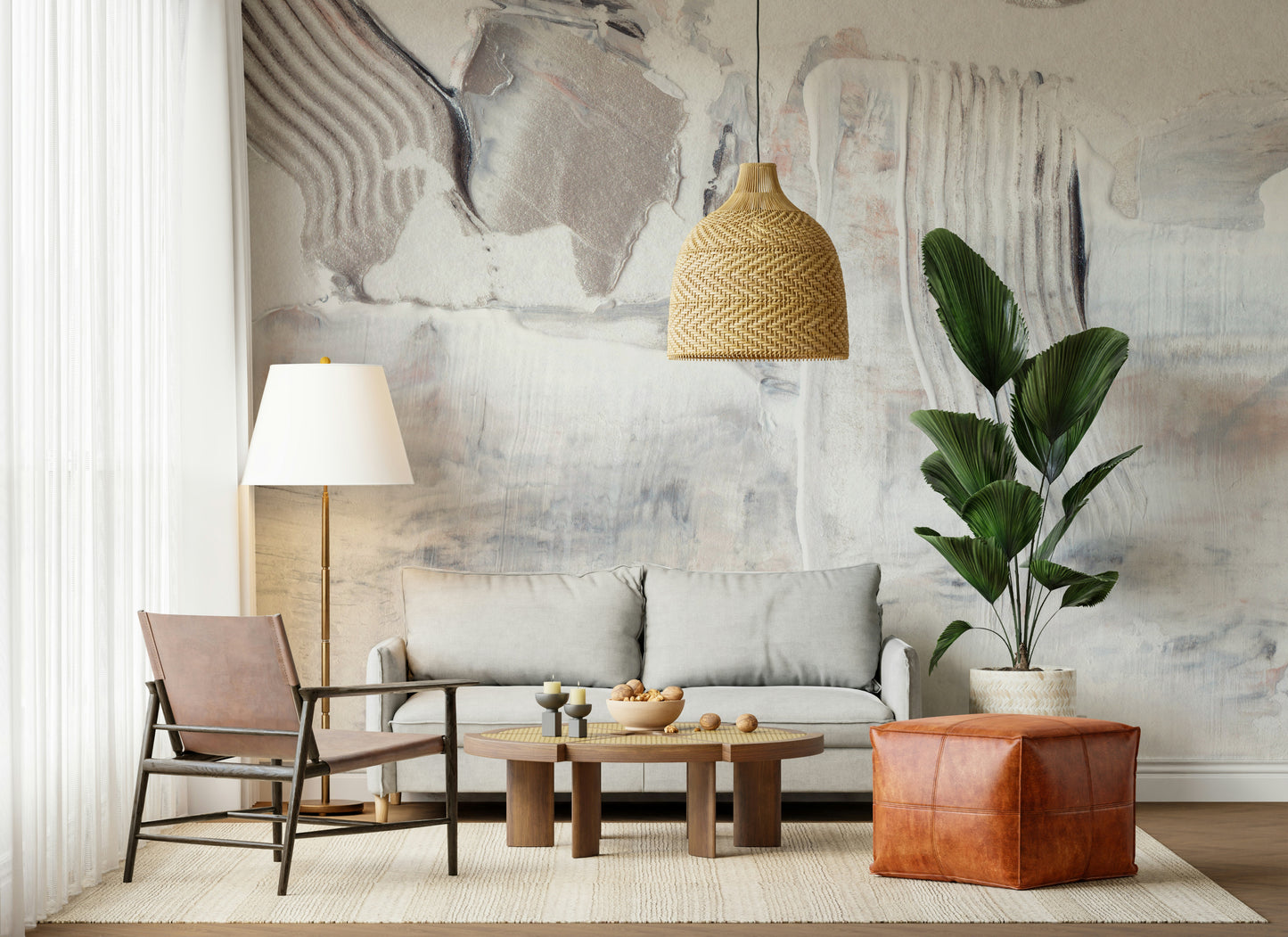 Abstract wall mural with layered textures and muted color gradients for modern interiors.