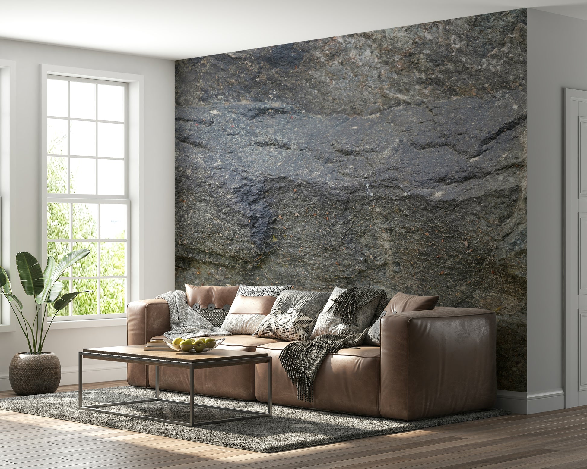 Decorative mural featuring smooth stone patterns resembling natural granite surfaces.