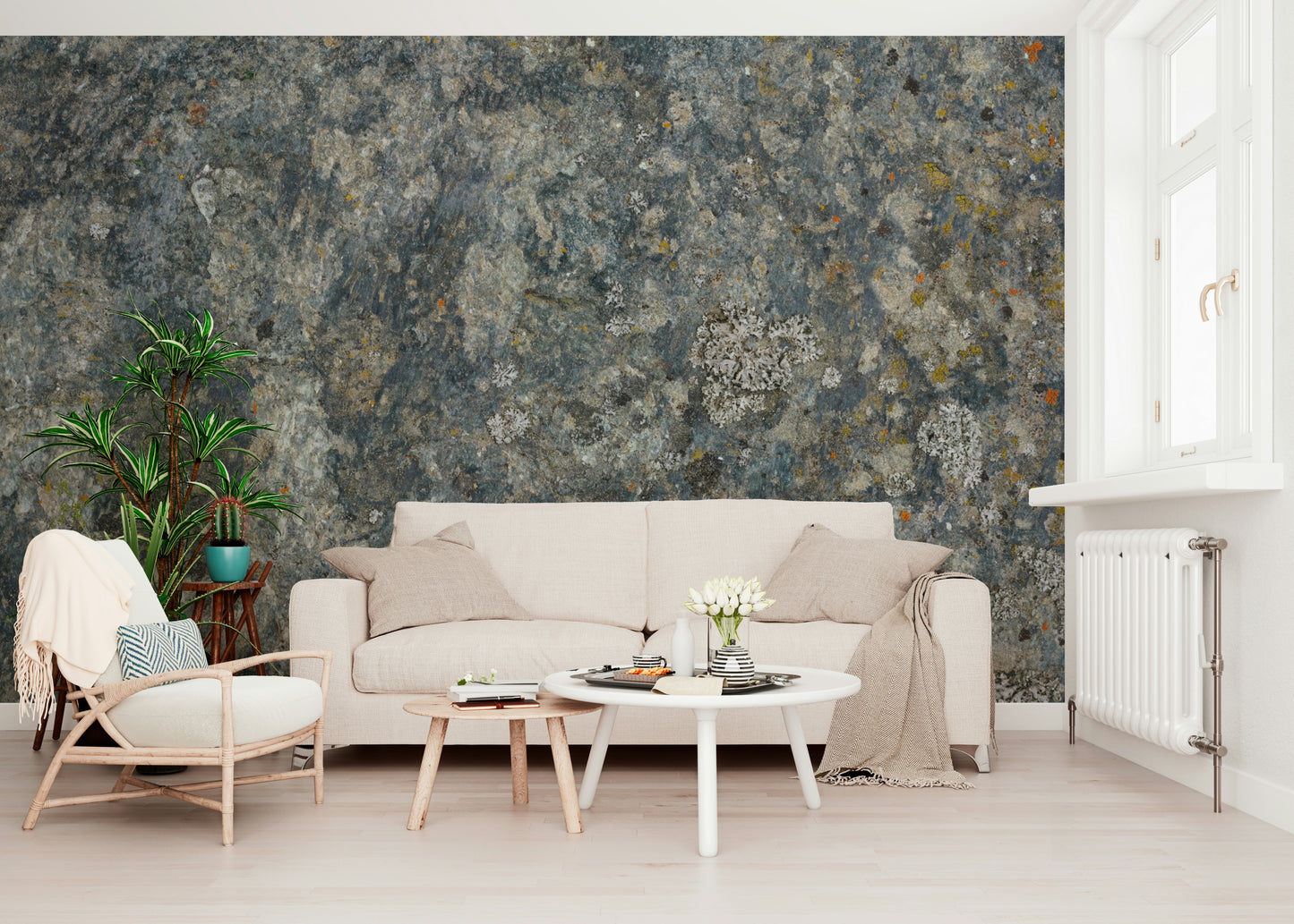 Decorative mural featuring layered stone textures in soft, earthy tones.
