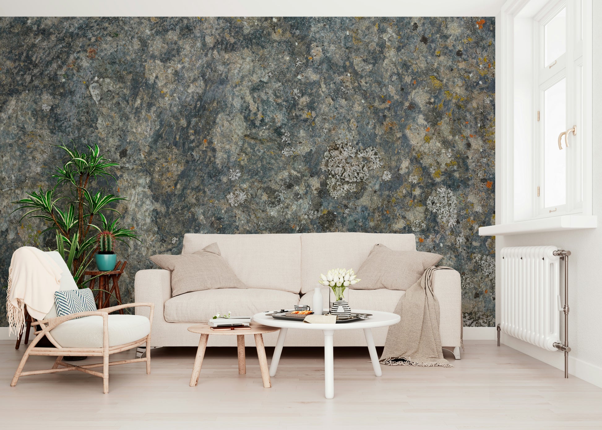 Decorative mural featuring layered stone textures in soft, earthy tones.