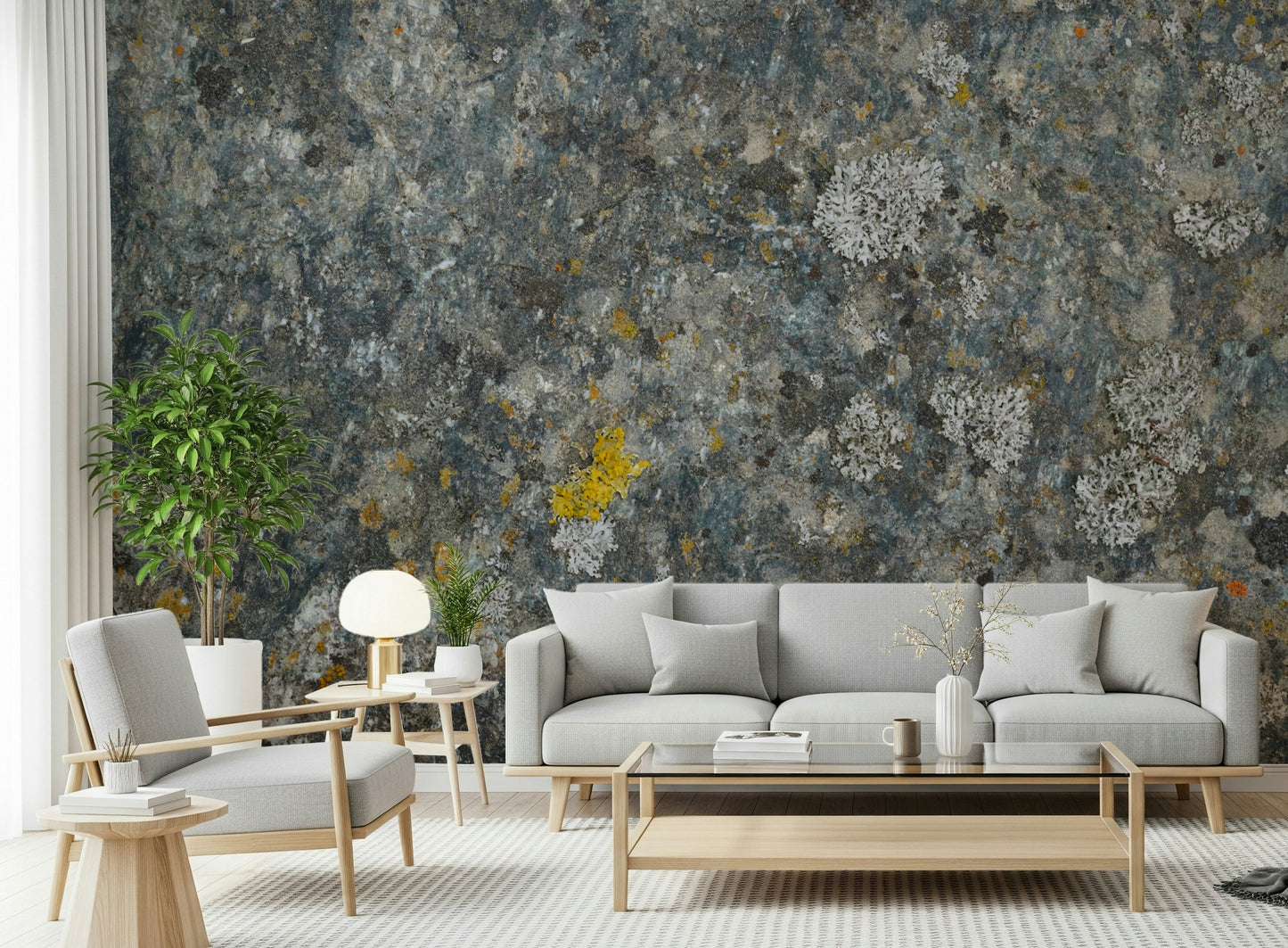 Rock-inspired wallpaper highlighting rugged textures and organic lichen details.