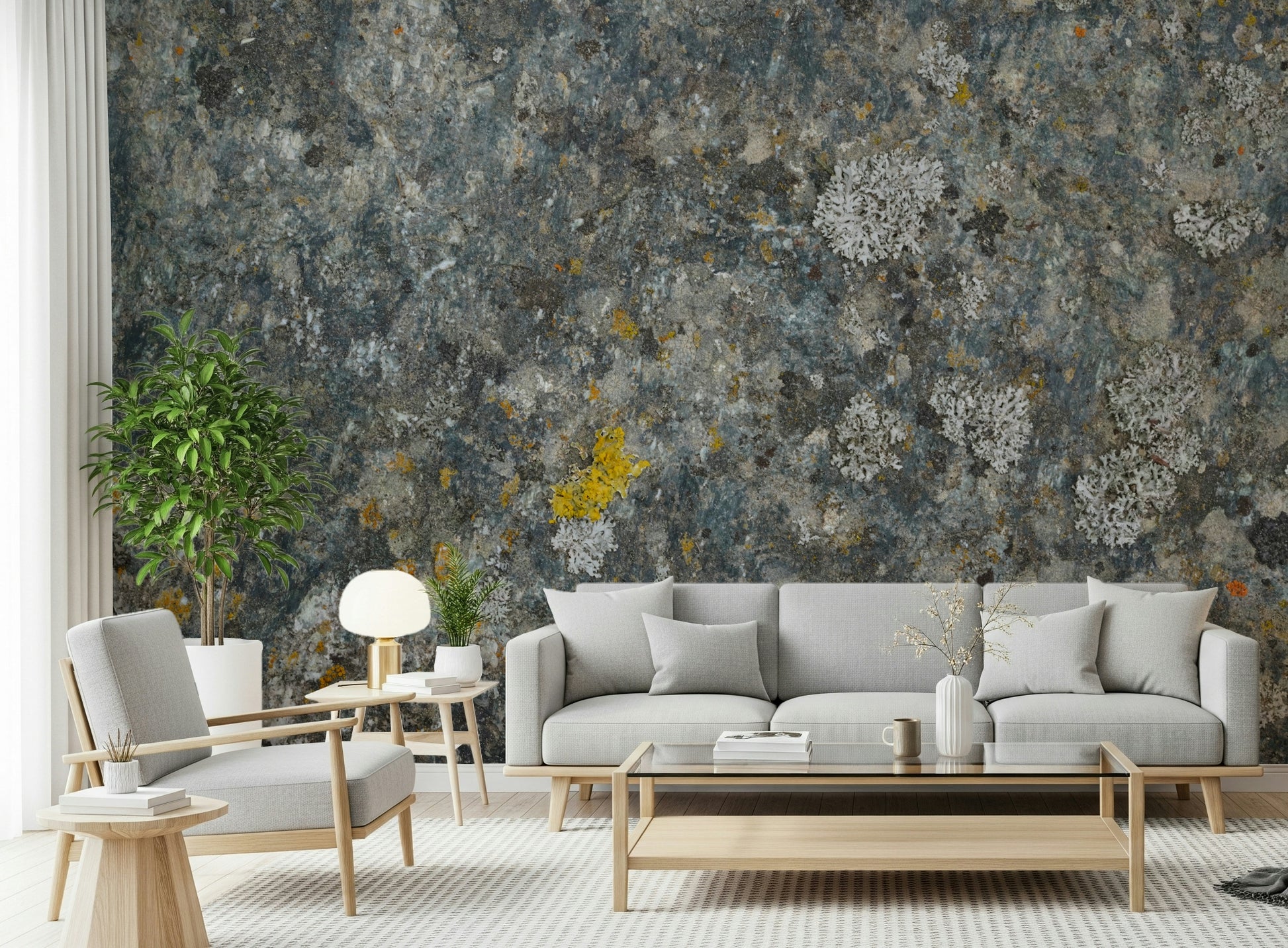 Rock-inspired wallpaper highlighting rugged textures and organic lichen details.