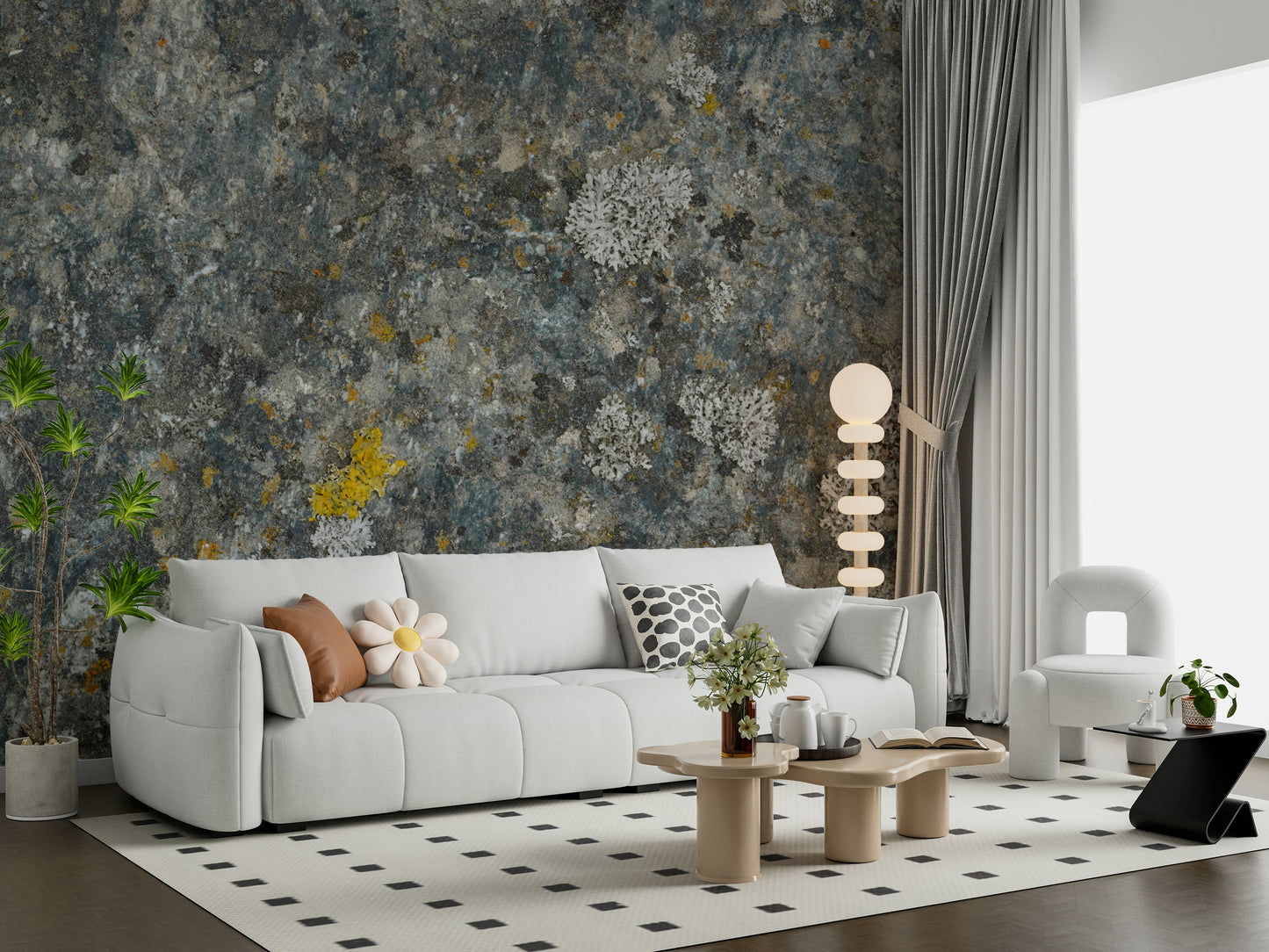 Rock texture wallpaper with realistic lichen growth for a nature-inspired look.