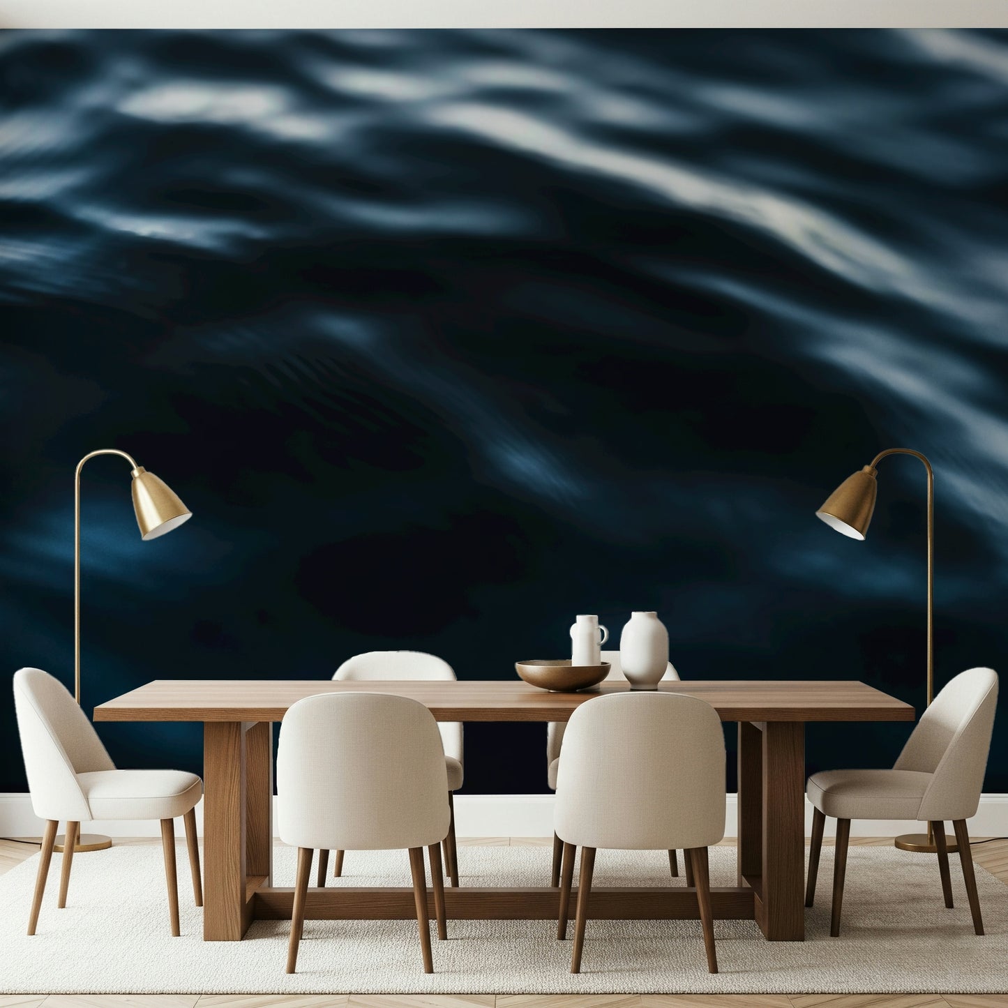 Decorative mural featuring flowing blue waves with natural highlights and shadows.
