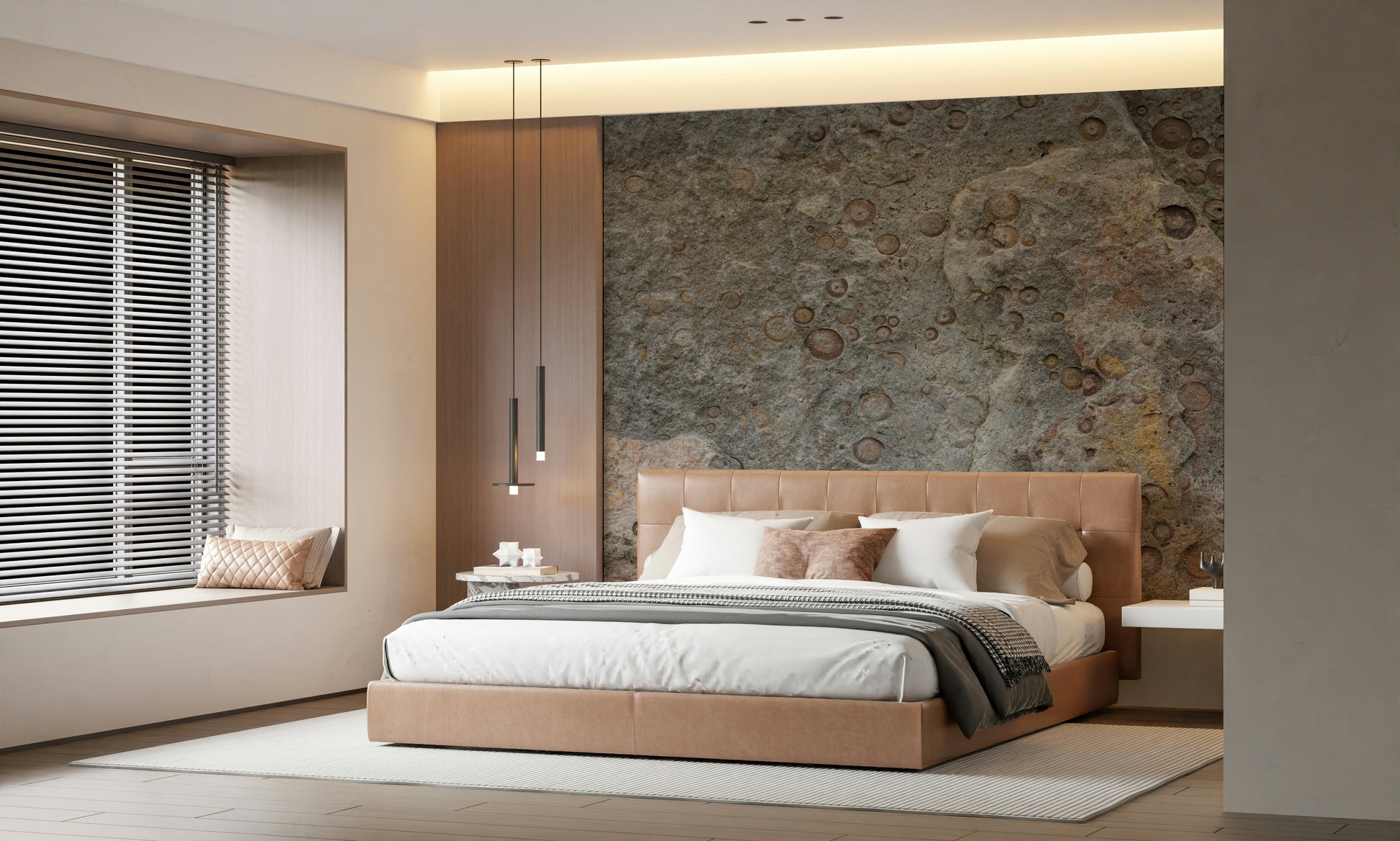 Stone Fossil Texture Wall Mural — rugged stone surface with detailed fossil impressions.