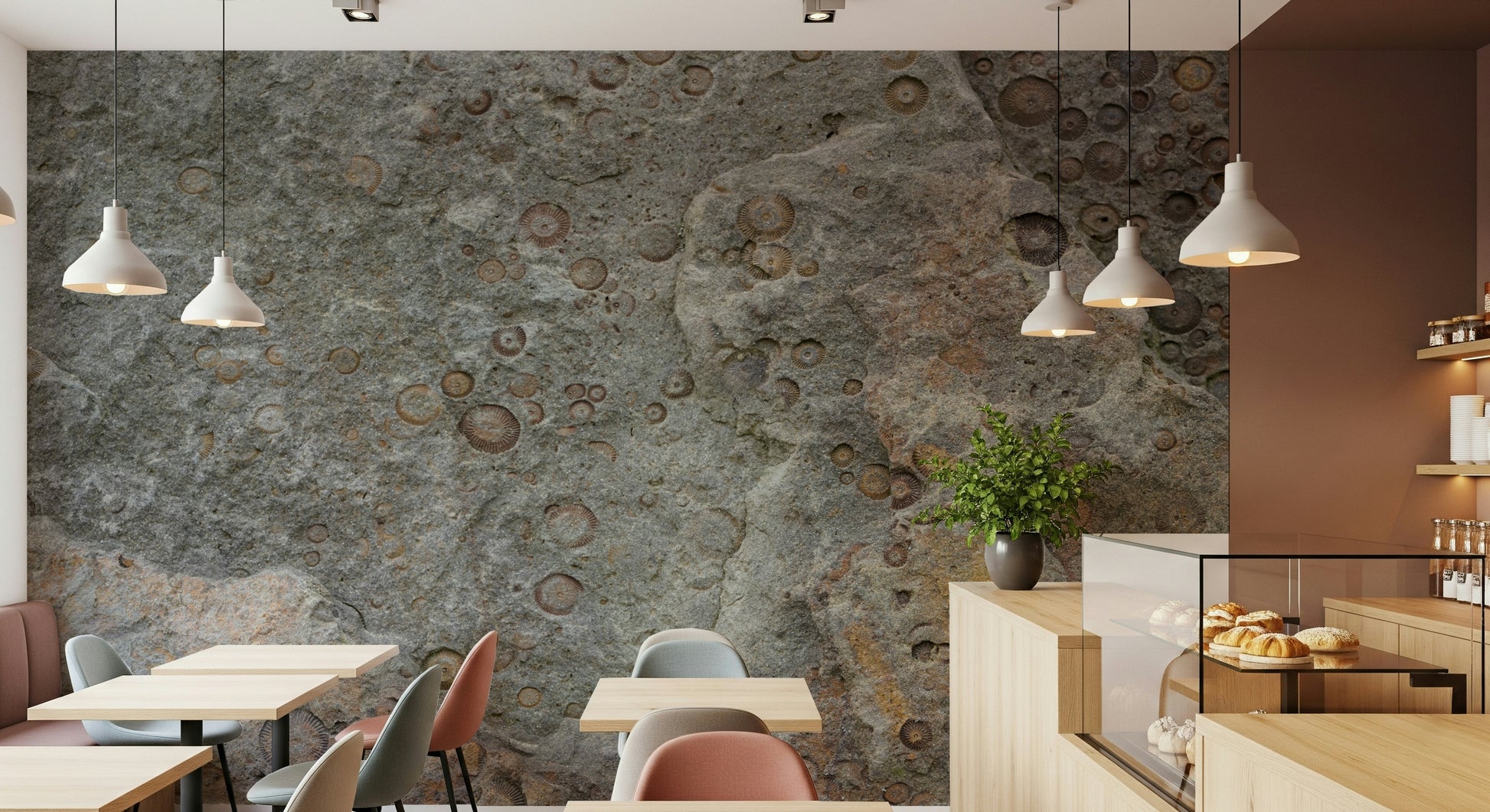 Rustic wall mural with fossil imprints and natural stone textures for unique interiors.