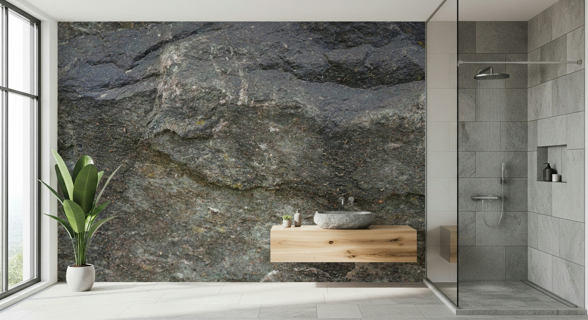 Aged Stone Surface Wall Mural featuring realistic textured stone in natural gray and beige tones.