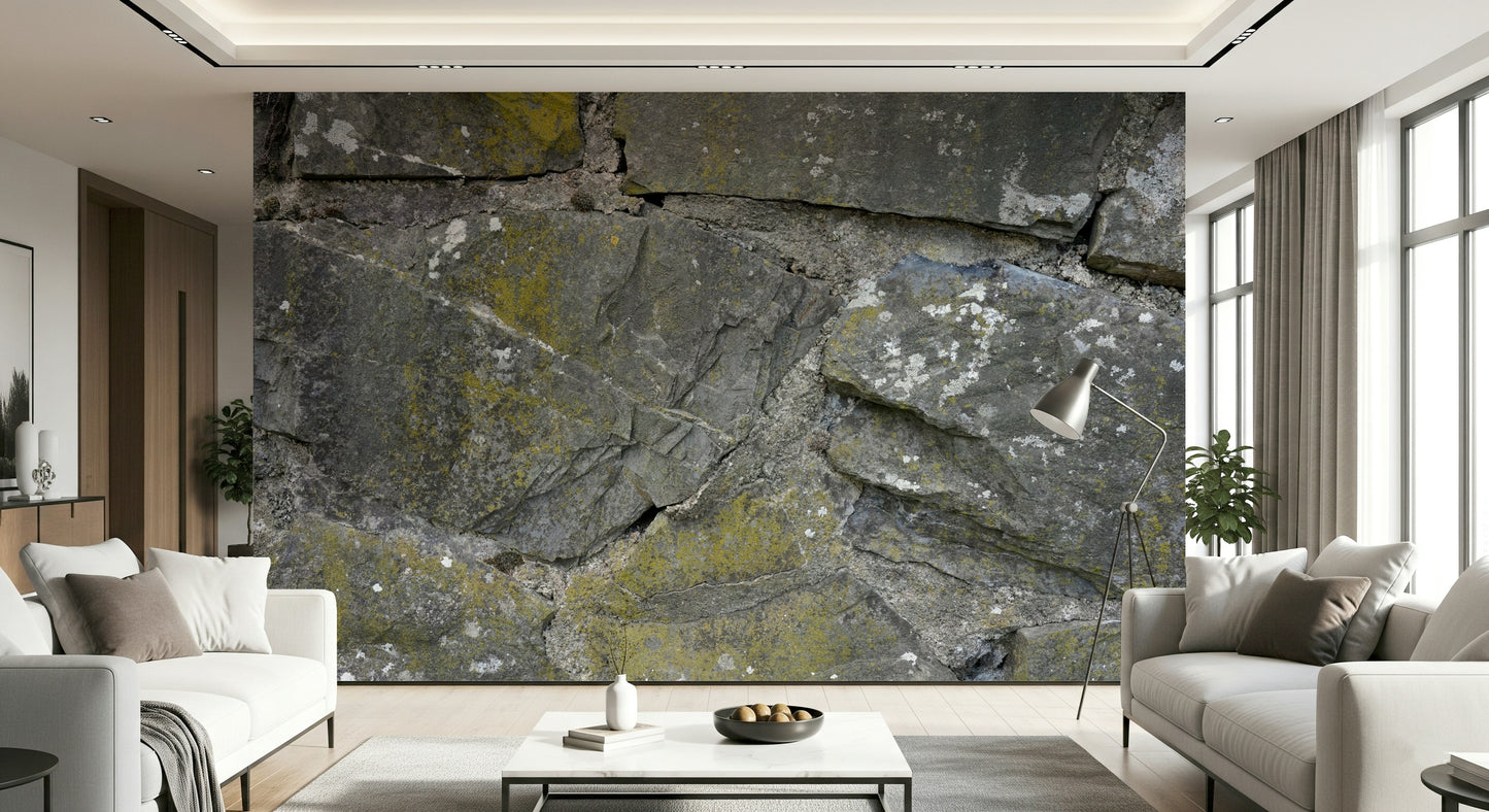 Textured mural with fissured stone surfaces for contemporary, industrial, or rustic-style interiors.