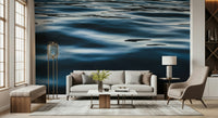 Textured mural with rich deep blue shades creating a serene and relaxing interior ambiance.