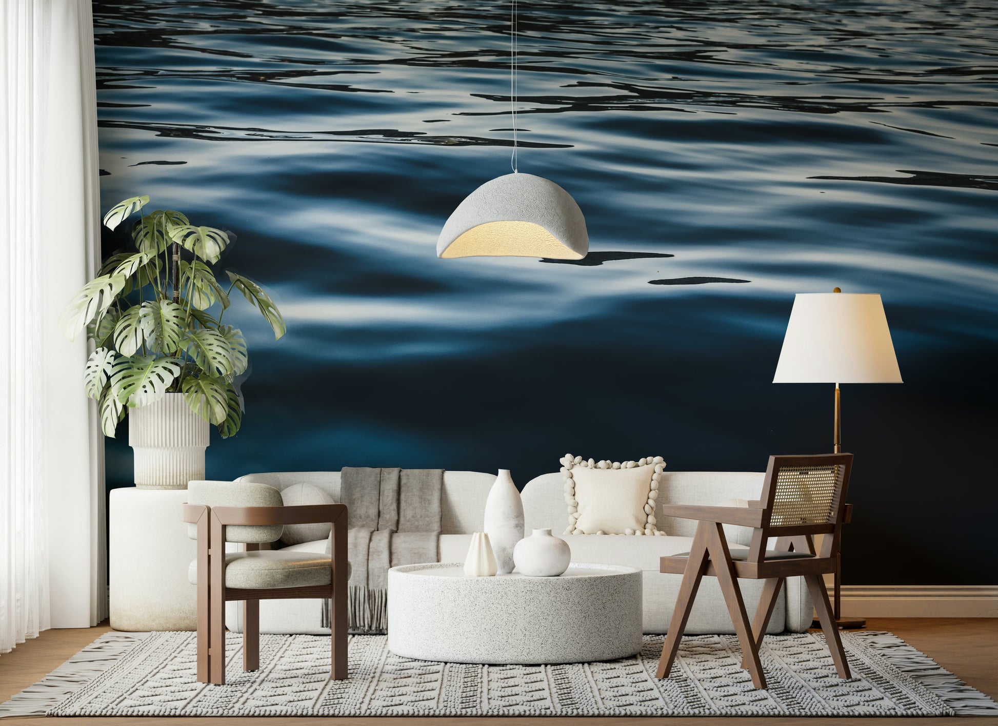 Decorative wall mural blending shades of deep blue to create a calming, serene atmosphere in interiors.